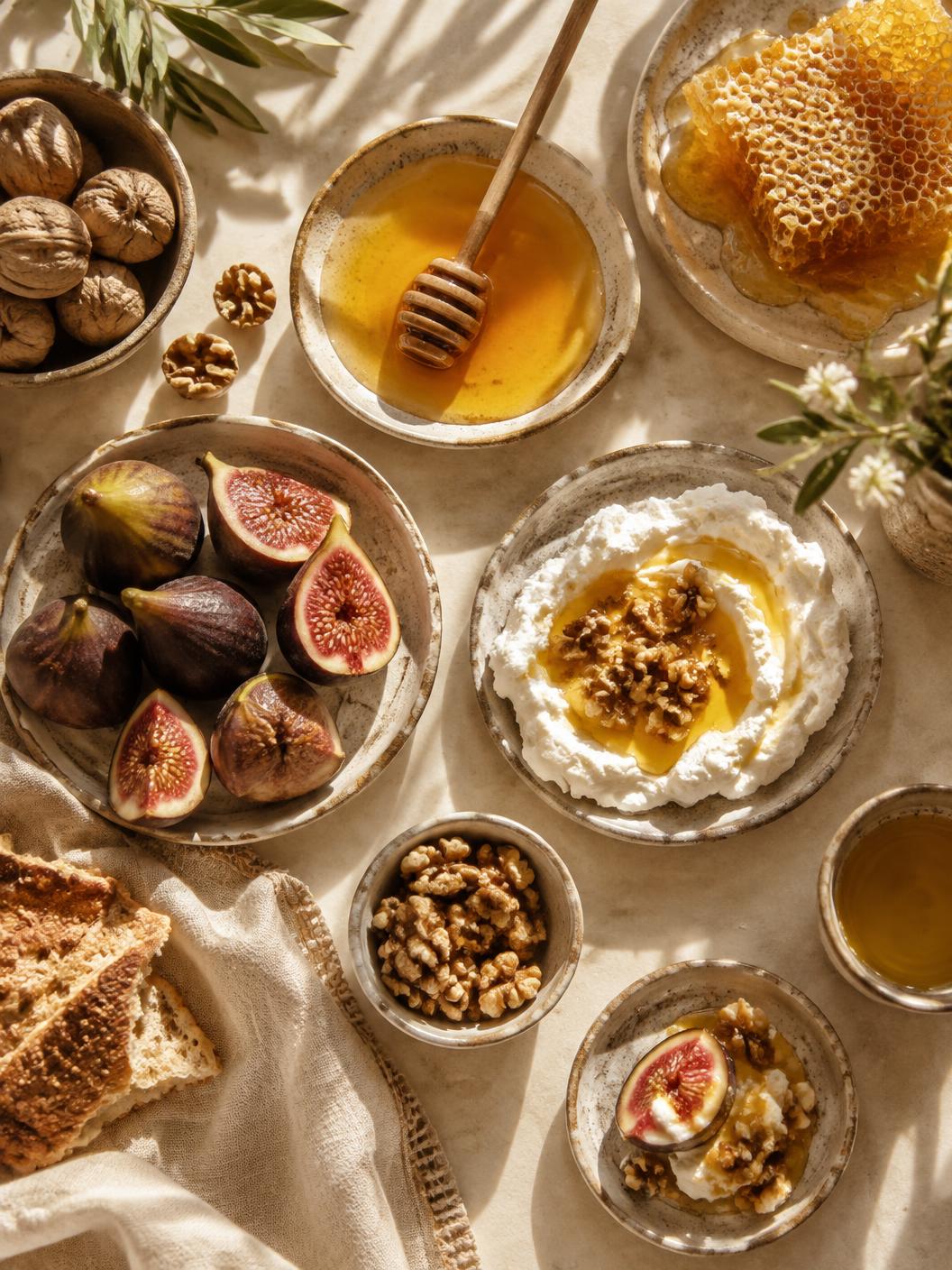 A shared breakfast table with honey, figs, walnuts, and cheese