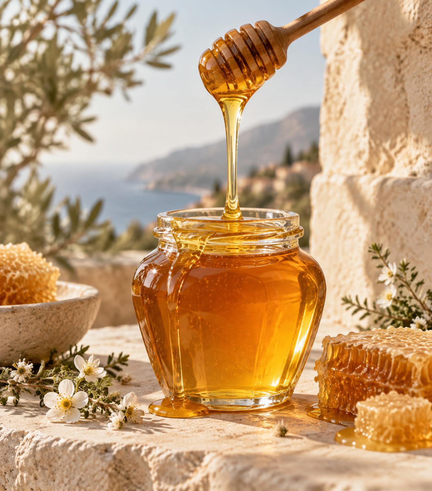 Golden honey flowing into a glass jar in Mediterranean sunlight
