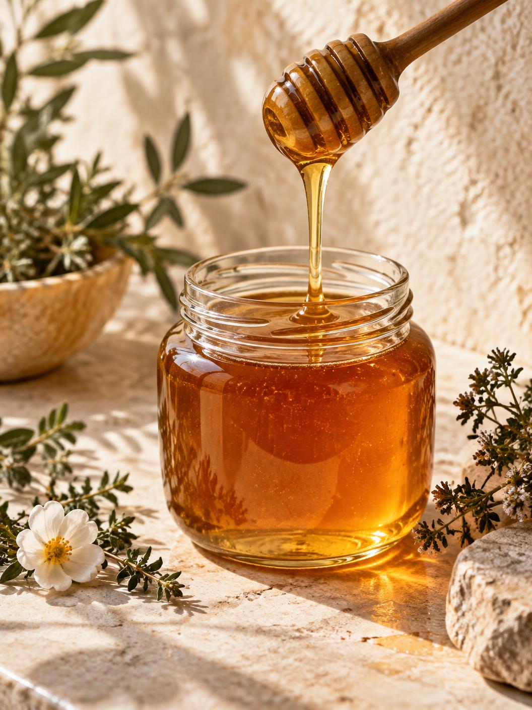 Golden honey falling from a dipper into a glass jar