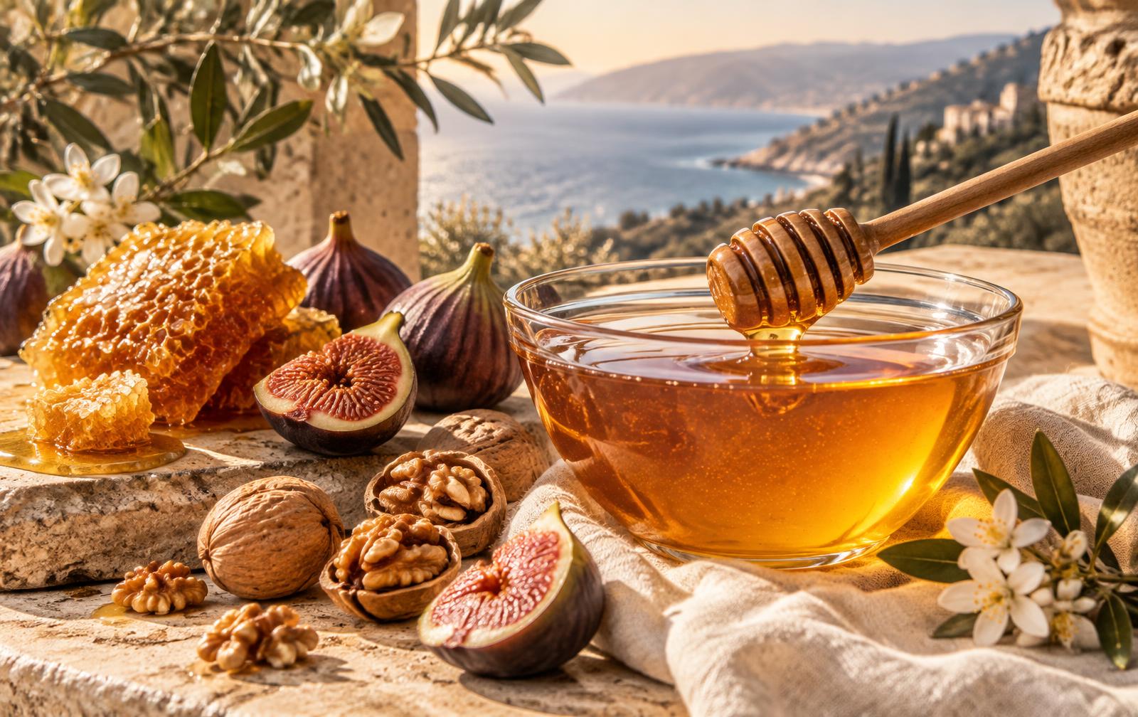 Honey with figs, walnuts, honeycomb, and white blossoms