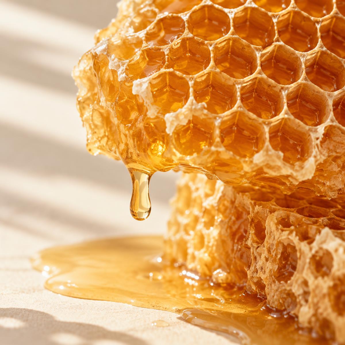 Open honeycomb filled with amber honey